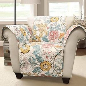 Lush Decor Sydney Furniture Protector, Arm Chair, 71" W x 75" L, Blue & Yellow - Flower Leaf Garden - Quilted Floral Chair Cover - Country Cottage Slipcover - Pet Protector For Chair