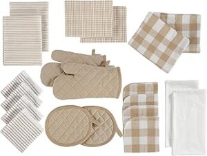 LANE LINEN 20 Piece Kitchen Dish Cloths Set - 100% Cotton Dish Towels, Heat Resistant Kitchen Mittens and Pot Holder Set, Reusable Dish Rags for Washing Dishes, Absorbent Dish Towels- Beige